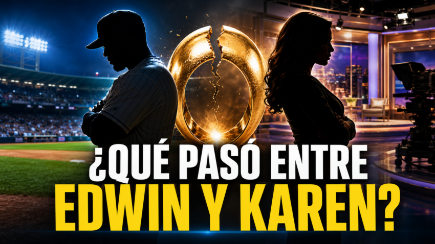 Representación editorial del divorcio de Edwin Encarnación y Karen Yapoort, con un anillo roto entre un estadio de béisbol y un estudio de televisión.
