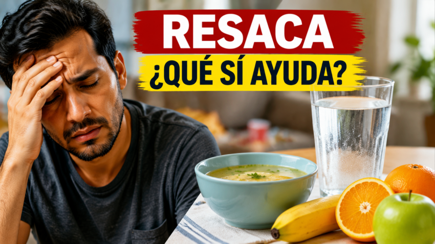 Hombre con dolor de cabeza junto a agua y alimentos suaves para aliviar los síntomas de la resaca